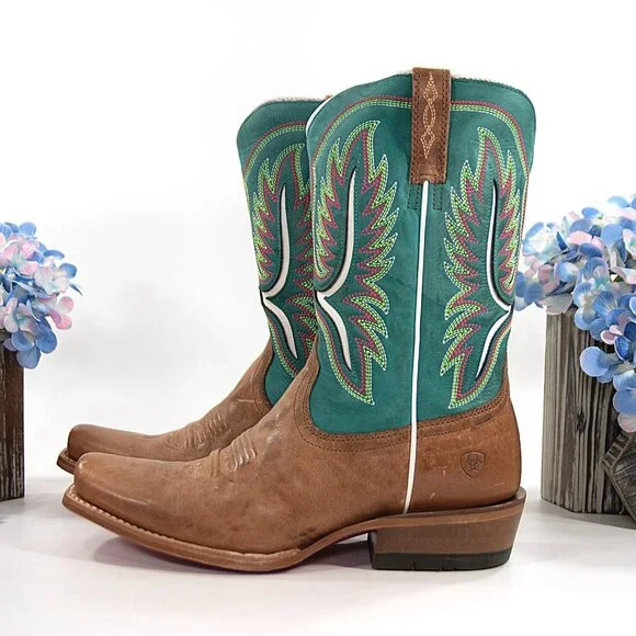Ariat Futurity Colt Embroidered Cenote Blue Tan Leather Western Cowboy Boots 9.5 - Picture 4 of 12